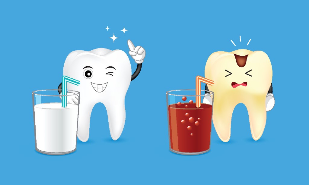 Healthy cartoon tooth with a glass of milk and decayed tooth with a soda. Dental care concept. Good and bad drinks for your teeth. Illustration isolated on blue background